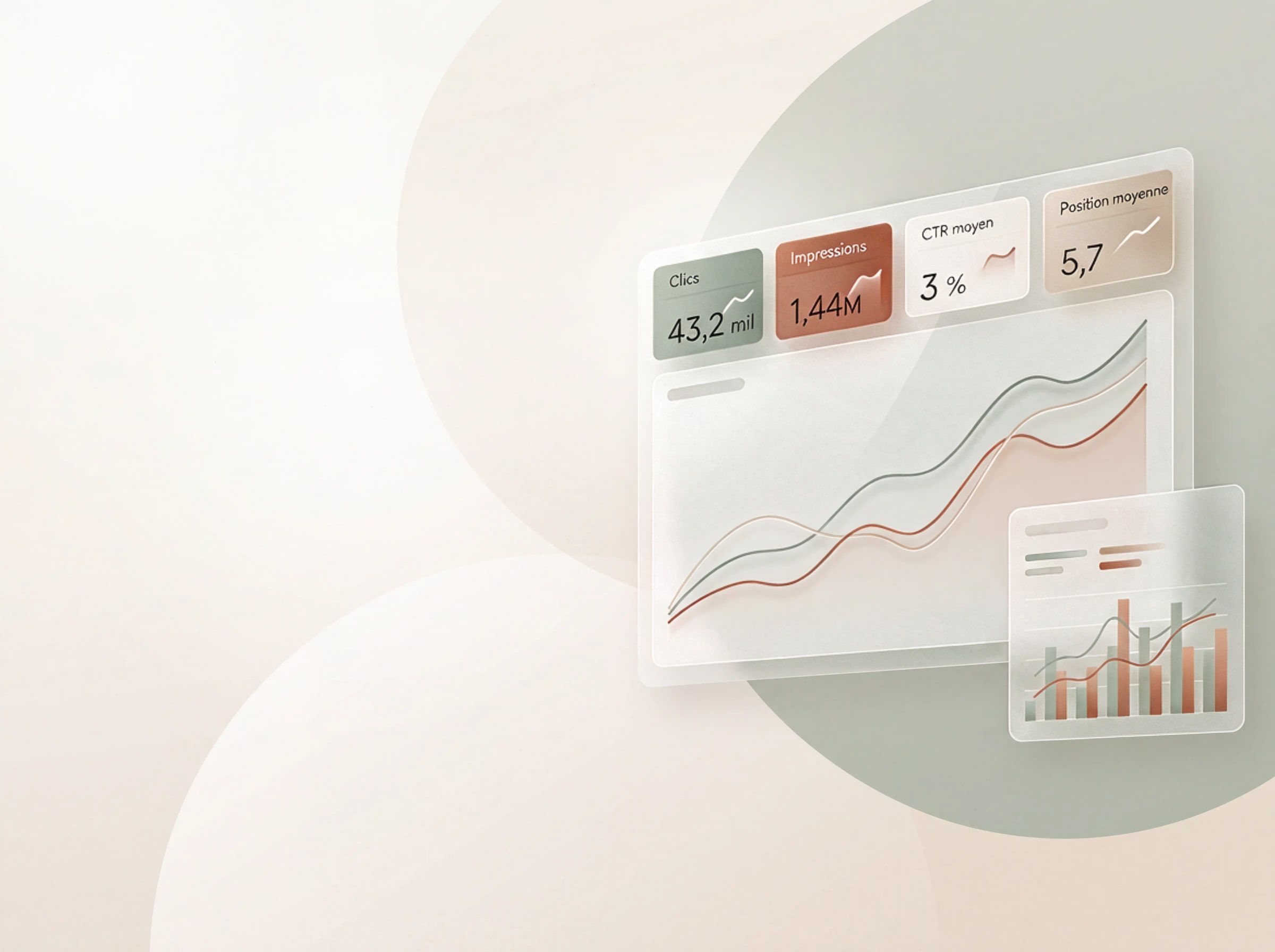 Illustration de tableaux de bord et de courbes de progression représentant le suivi de la visibilité SEO / GEO